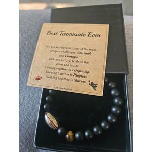 Btysun Men Football Beaded Bracelet Best Teammate Ever Gift Box Tiger Eye Black